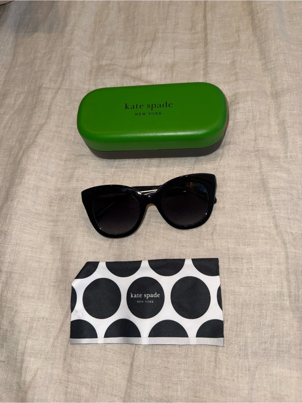 kate spade Black Cat-Eye Sunglasses with Green Case and Polka Dot Cloth